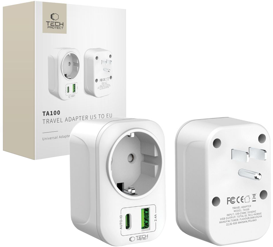 Cargador de Red Tech-Protect TA100 Travel US, 20W, 3A, 1 x Schuko - 1 x USB-A - 1 x USB-C, Blanco