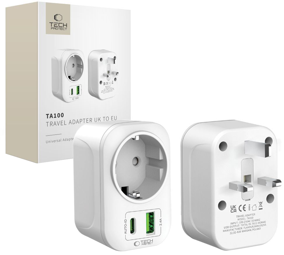 Cargador de Red Tech-Protect TA100 Travel UK, 20W, 3A, 1 x Schuko - 1 x USB-A - 1 x USB-C, Blanco