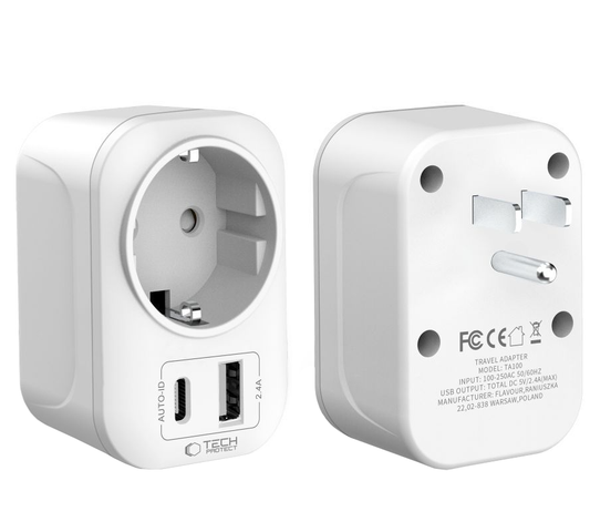 Cargador de Red Tech-Protect TA100 Travel US, 20W, 3A, 1 x Schuko - 1 x USB-A - 1 x USB-C, Blanco