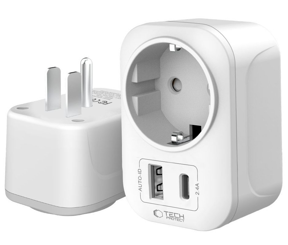 Cargador de Red Tech-Protect TA100 Travel US, 20W, 3A, 1 x Schuko - 1 x USB-A - 1 x USB-C, Blanco