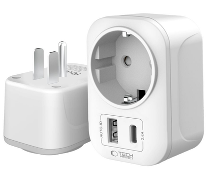Cargador de Red Tech-Protect TA100 Travel US, 20W, 3A, 1 x Schuko - 1 x USB-A - 1 x USB-C, Blanco