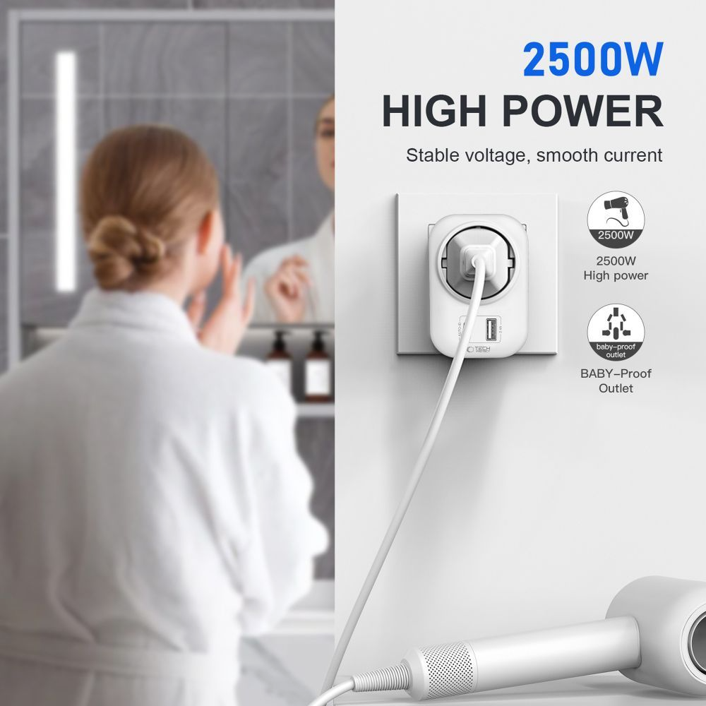 Cargador de Red Tech-Protect TA100 Travel UK, 20W, 3A, 1 x Schuko - 1 x USB-A - 1 x USB-C, Blanco