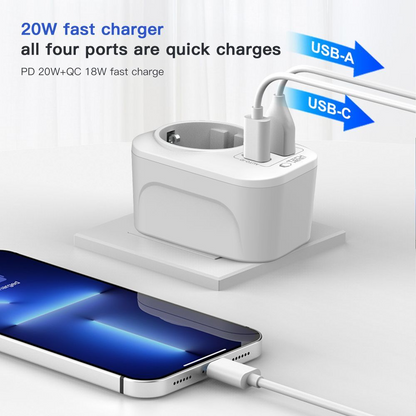 Cargador de Red Tech-Protect TA100 Travel US, 20W, 3A, 1 x Schuko - 1 x USB-A - 1 x USB-C, Blanco