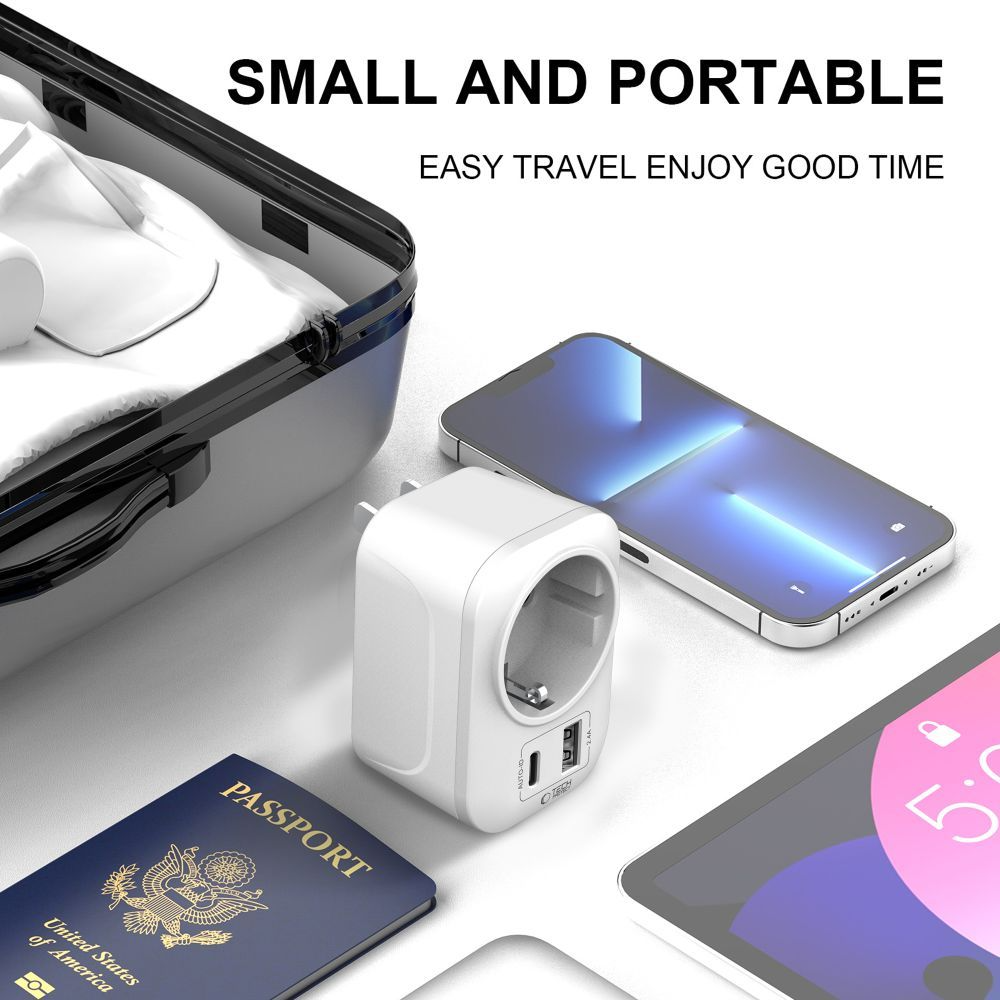 Cargador de Red Tech-Protect TA100 Travel US, 20W, 3A, 1 x Schuko - 1 x USB-A - 1 x USB-C, Blanco