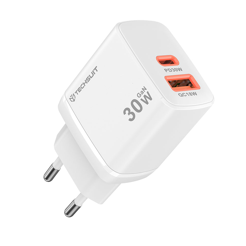 Cargador de Red Techsuit CH1 Duonix, 30W, 3A, 1 x USB-A - 1 x USB-C, Blanco