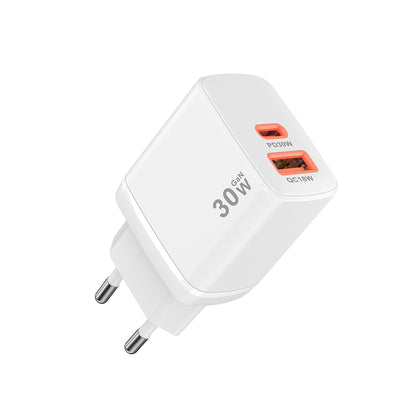 Cargador de Red Techsuit CH1 Duonix, 30W, 3A, 1 x USB-A - 1 x USB-C, Blanco