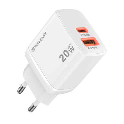 Cargador de Red Techsuit CH2 Duonix, 20W, 3A, 1 x USB-A - 1 x USB-C, Blanco
