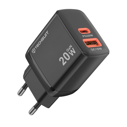 Cargador de Red Techsuit CH2 Duonix, 20W, 3A, 1 x USB-A - 1 x USB-C, Negro