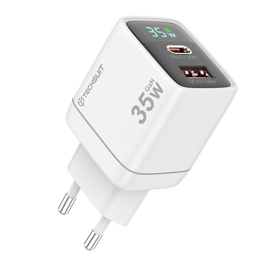 Cargador de Red Techsuit CH3 LEDChargX Display, 35W, 3A, 1 x USB-A - 1 x USB-C, Blanco
