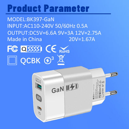 Cargador de Red Techsuit CHPD131, 65W, 3.25A, 1 x USB-A - 1 x USB-C, Blanco