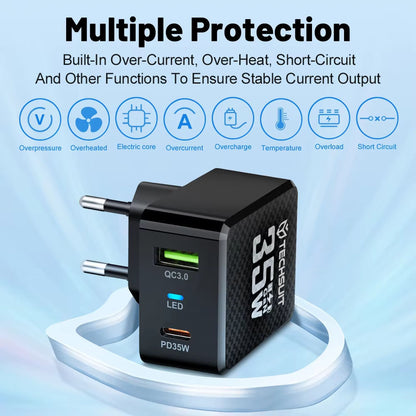 Cargador de Red Techsuit CHPD173 Tiny, 35W, 3A, 1 x USB-A - 1 x USB-C, Blanco