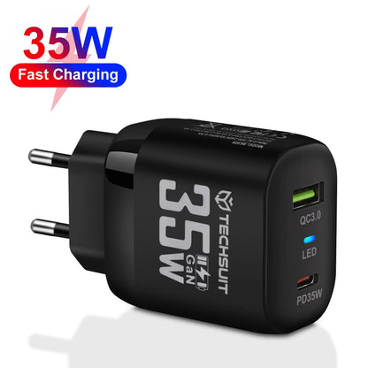 Cargador de Red Techsuit CHPD174, 35W, 3A, 1 x USB-A - 1 x USB-C, Negro
