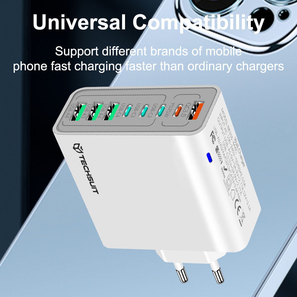 Cargador de Red Techsuit CHPD224, 65W, 3.25A, 4 x USB-A - 4 x USB-C, Blanco