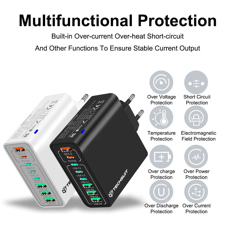 Cargador de Red Techsuit CHPD224, 65W, 3.25A, 4 x USB-A - 4 x USB-C, Blanco