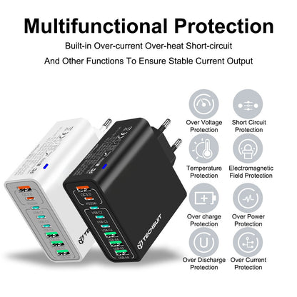 Cargador de Red Techsuit CHPD224, 65W, 3.25A, 4 x USB-A - 4 x USB-C, Blanco