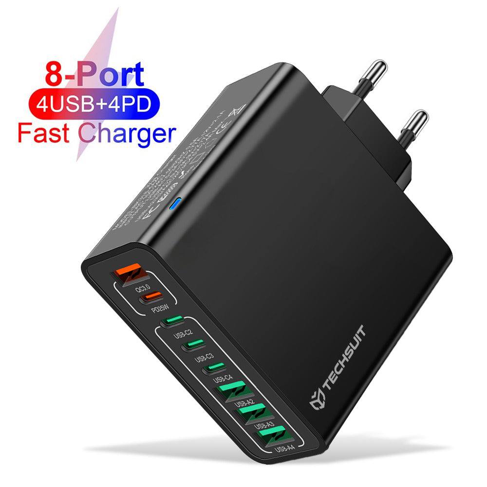 Cargador de Red Techsuit CHPD224, 65W, 3.25A, 4 x USB-A - 4 x USB-C, Negro