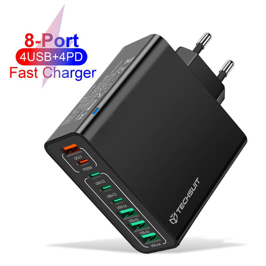 Cargador de Red Techsuit CHPD224, 65W, 3.25A, 4 x USB-A - 4 x USB-C, Negro