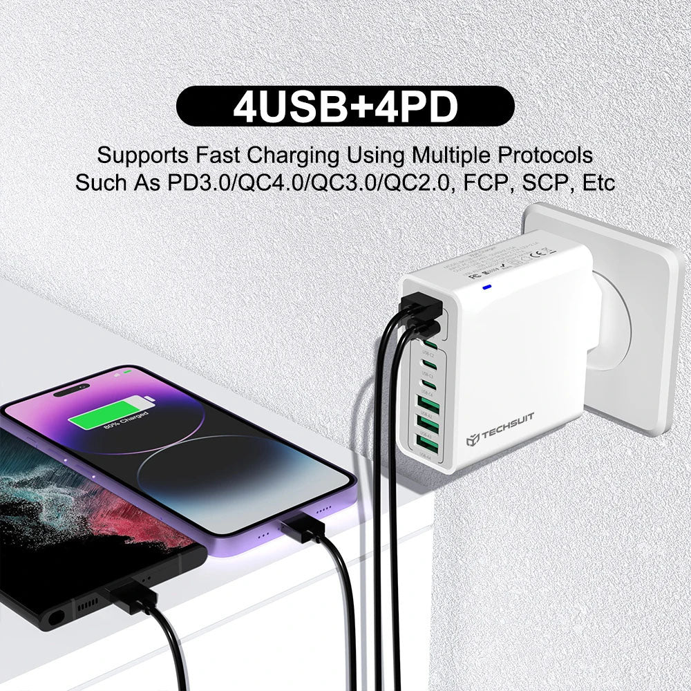 Cargador de Red Techsuit CHPD224, 65W, 3.25A, 4 x USB-A - 4 x USB-C, Negro