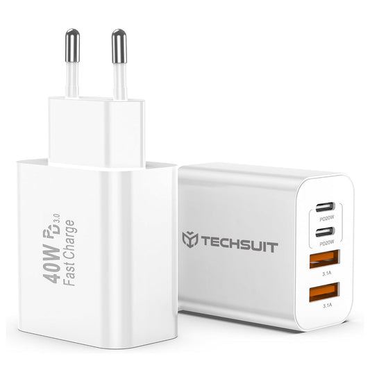 Cargador de Red Techsuit PowerXQuad CH4, 40W, 3A, 2 x USB-A - 2 x USB-C, Blanco