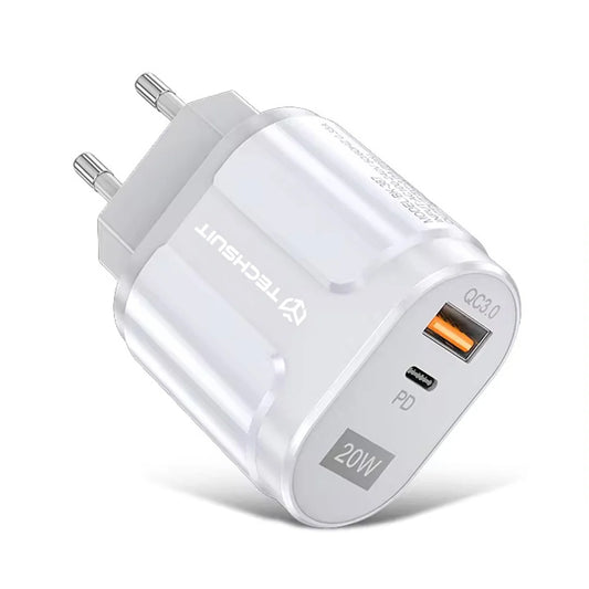 Cargador de Red Techsuit Premium, 20W, 3A, 1 x USB-A - 1 x USB-C, Blanco