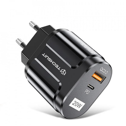 Cargador de Red Techsuit Premium, 20W, 3A, 1 x USB-A - 1 x USB-C, Negro CHPD038