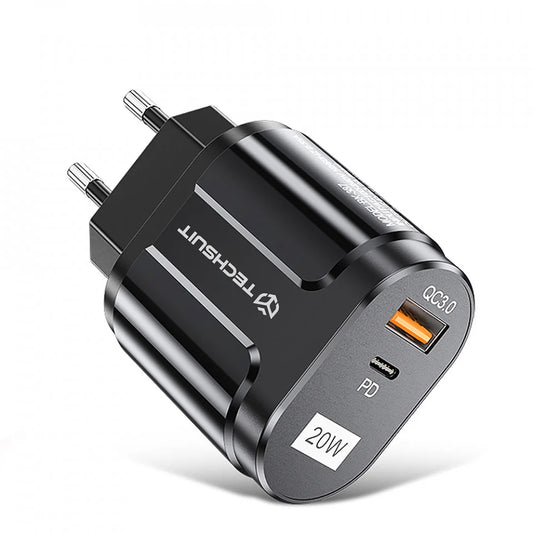 Cargador de Red Techsuit Premium, 20W, 3A, 1 x USB-A - 1 x USB-C, Negro CHPD038