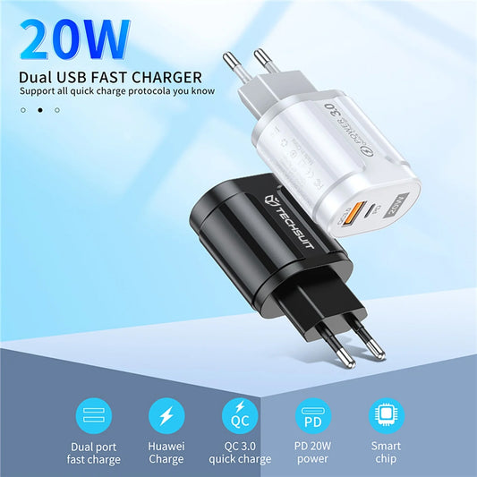 Cargador de Red Techsuit Premium, 20W, 3A, 1 x USB-A - 1 x USB-C, Blanco