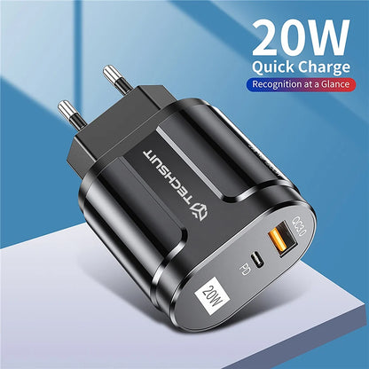 Cargador de Red Techsuit Premium, 20W, 3A, 1 x USB-A - 1 x USB-C, Negro CHPD038