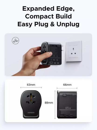 Cargador de red UGREEN Travel S550 (55001), 65W, 3.25A, 1 x USB-A - 2 x USB-C, Negro