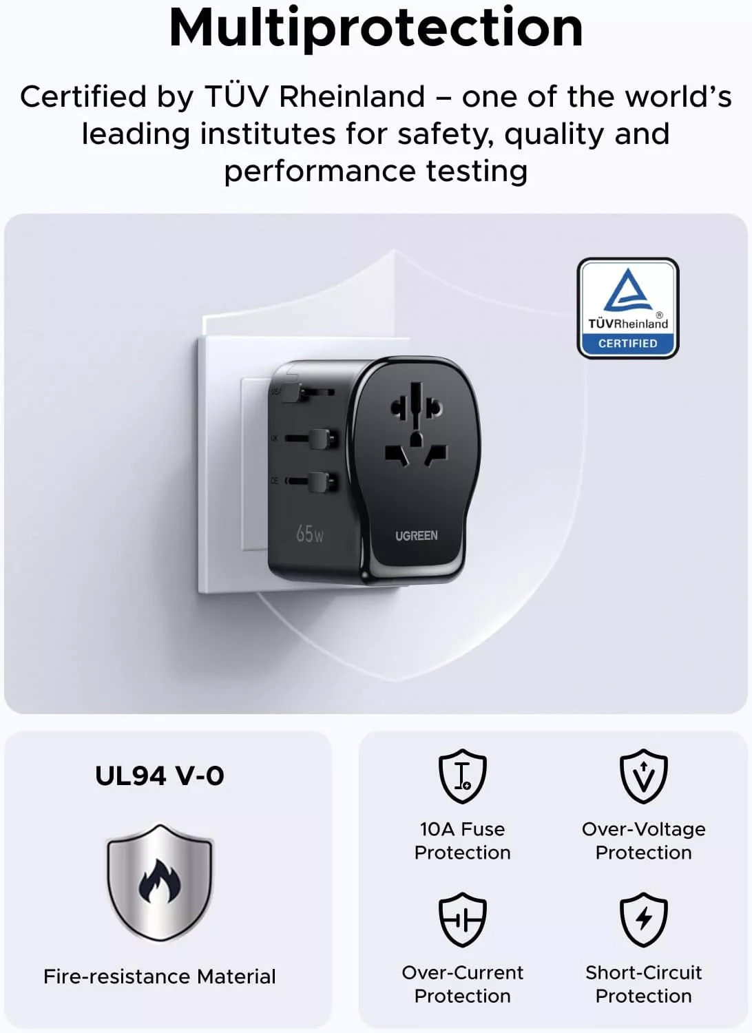 Cargador de red UGREEN Travel S550 (55001), 65W, 3.25A, 1 x USB-A - 2 x USB-C, Negro