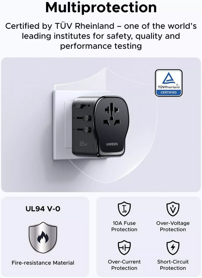 Cargador de red UGREEN Travel S550 (55001), 65W, 3.25A, 1 x USB-A - 2 x USB-C, Negro