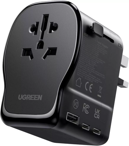 Cargador de red UGREEN Travel S550 (55001), 65W, 3.25A, 1 x USB-A - 2 x USB-C, Negro