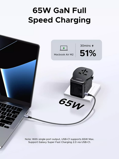 Cargador de red UGREEN Travel S550 (55001), 65W, 3.25A, 1 x USB-A - 2 x USB-C, Negro