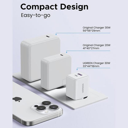 Cargador de Red UGREEN X516, 30W, 3A, 1 x USB-A - 1 x USB-C, Blanco