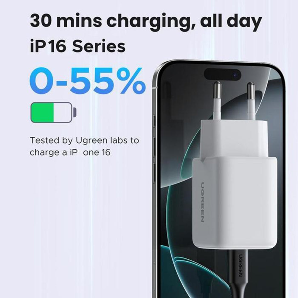 Cargador de Red UGREEN X516, 30W, 3A, 1 x USB-A - 1 x USB-C, Blanco