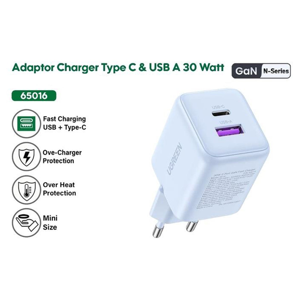 Cargador de Red UGREEN X516, 30W, 3A, 1 x USB-A - 1 x USB-C, Gris