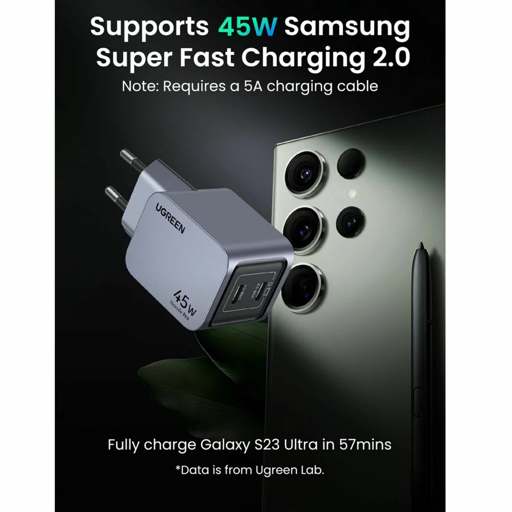 Cargador de red UGREEN X707 Nexode Pro, 45W, 3A, 2 x USB-C, Gris 