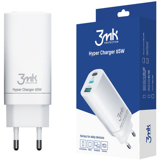 Cargador de red 3MK HyperCharger, 65W, 5A, 1 x USB-A - 2 x USB-C, Blanco