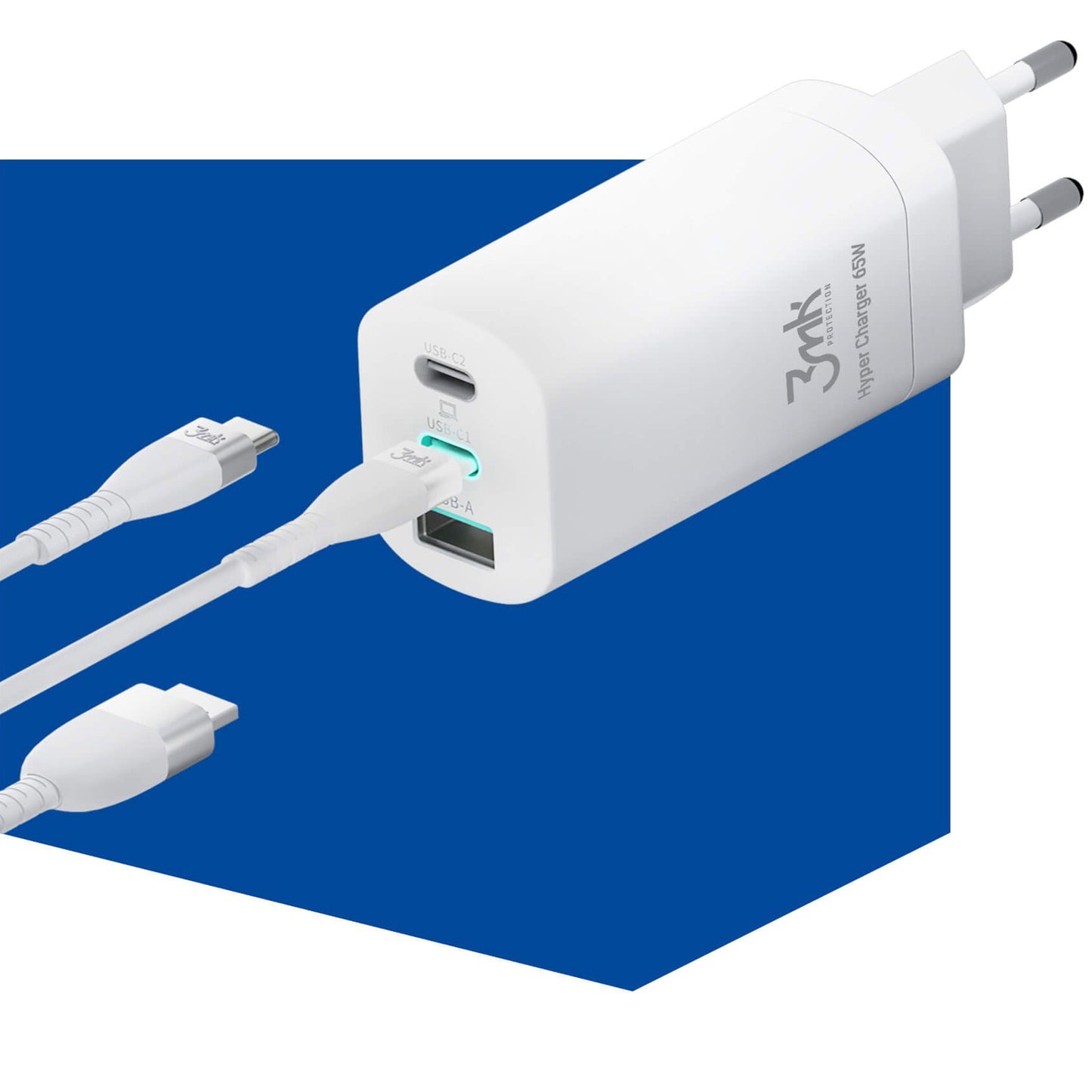 3MK HyperCharger Wall Charger, 65W, 5A, 1 x USB-A - 2 x USB-C, White