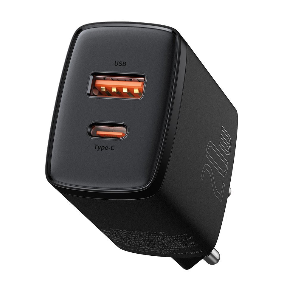 Cargador de red compacto Baseus, 20 W, 3 A, 1 x USB-A - 1 x USB-C, negro CCXJ-B01