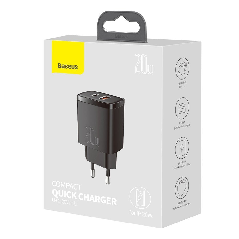 Cargador de red compacto Baseus, 20 W, 3 A, 1 x USB-A - 1 x USB-C, negro CCXJ-B01