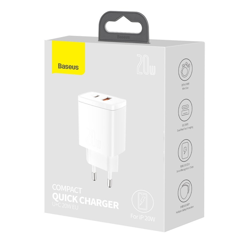 Cargador de red compacto Baseus, 20 W, 3 A, 1 x USB-A - 1 x USB-C, blanco CCXJ-B02