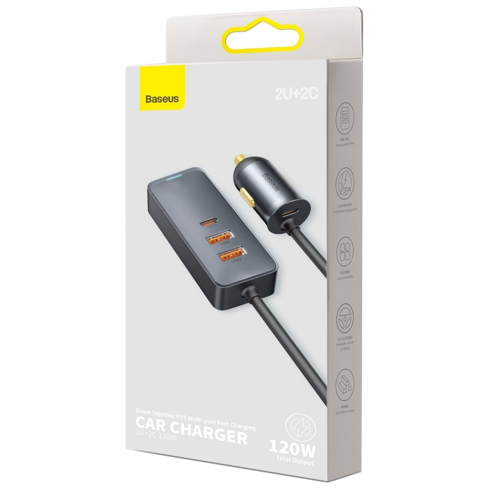 Baseus Share Together Cargador de coche, 120W, 3A, 2 x USB-A - 2 x USB-C, Gris CCBT-A0G