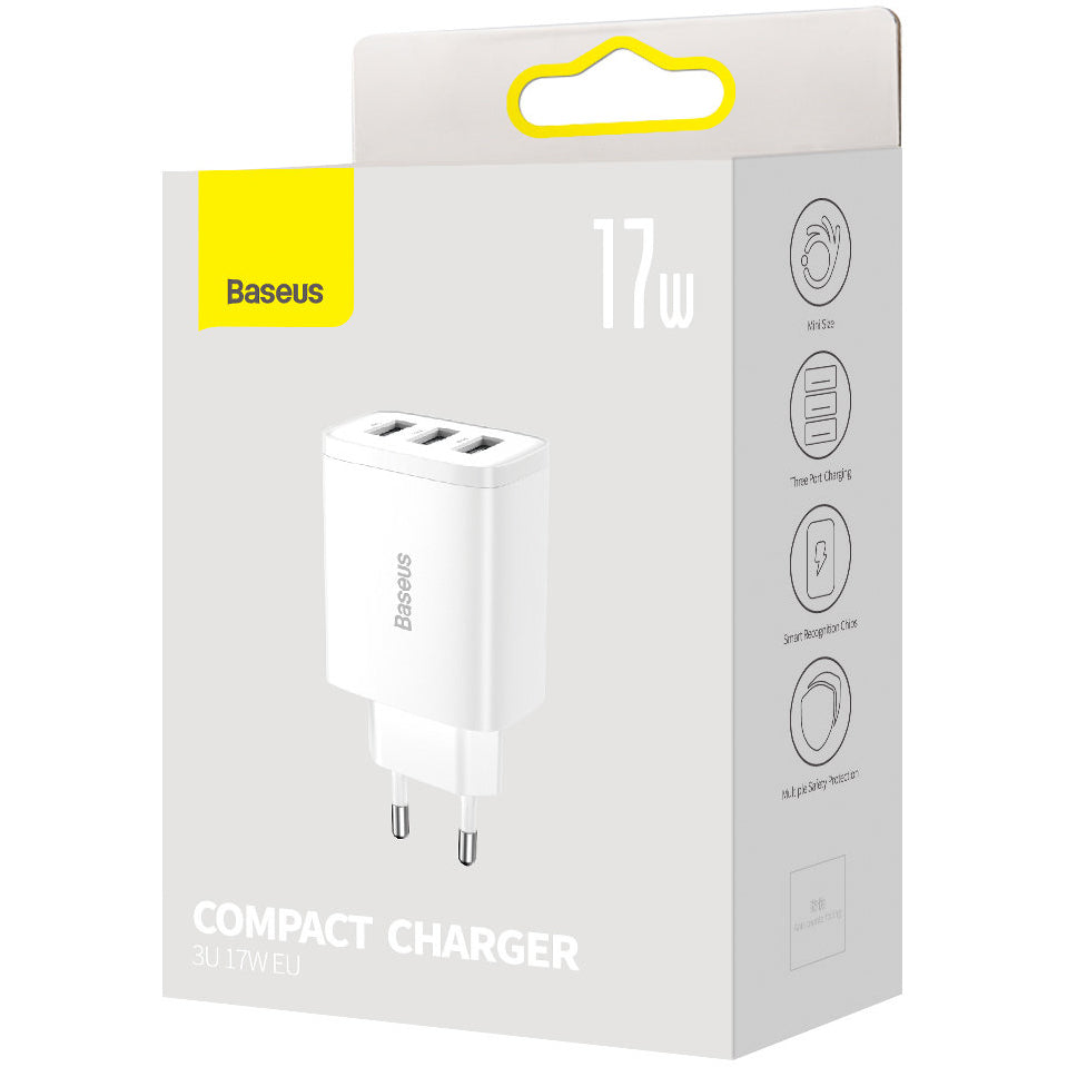 Cargador de red compacto Baseus 3U, 17 W, 2,1 A, 3 x USB-A, blanco CCXJ020102