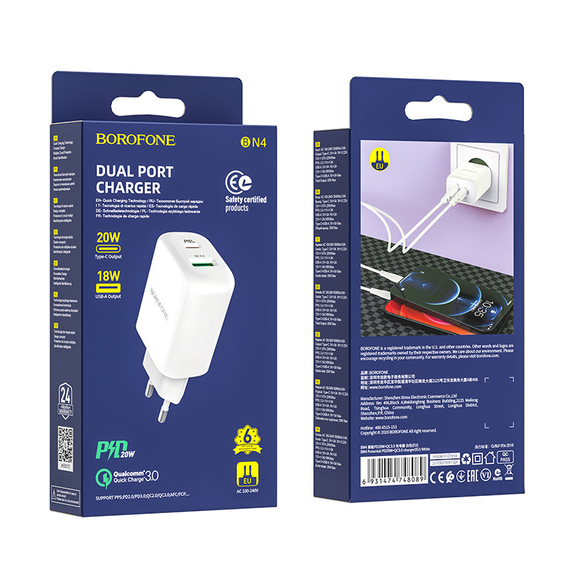 Cargador de Red Borofone BBN4 Potential, 20W, 3A, 1 x USB-A - 1 x USB-C, Blanco
