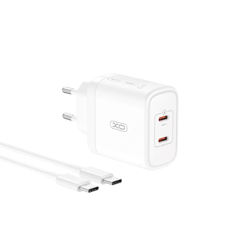 Cargador de red con cable USB-C XO Design CE08, 50W, 3A, 2 x USB-C, Blanco