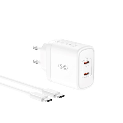 Cargador de red con cable USB-C XO Design CE08, 50W, 3A, 2 x USB-C, Blanco