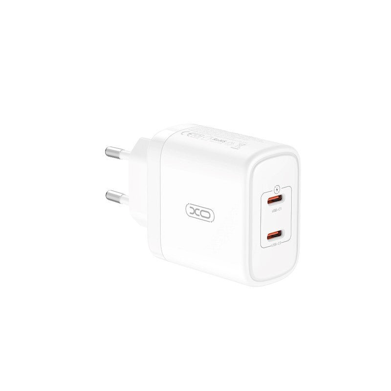 Cargador de red con cable USB-C XO Design CE08, 50W, 3A, 2 x USB-C, Blanco