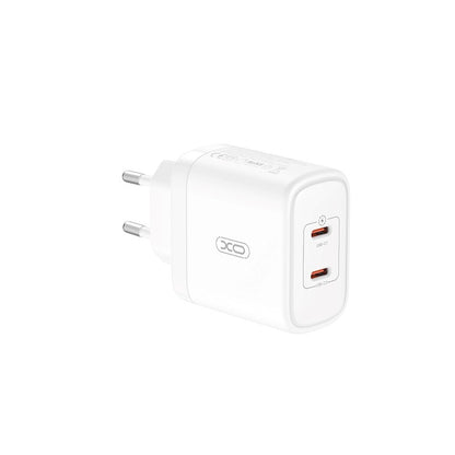 Cargador de red con cable USB-C XO Design CE08, 50W, 3A, 2 x USB-C, Blanco