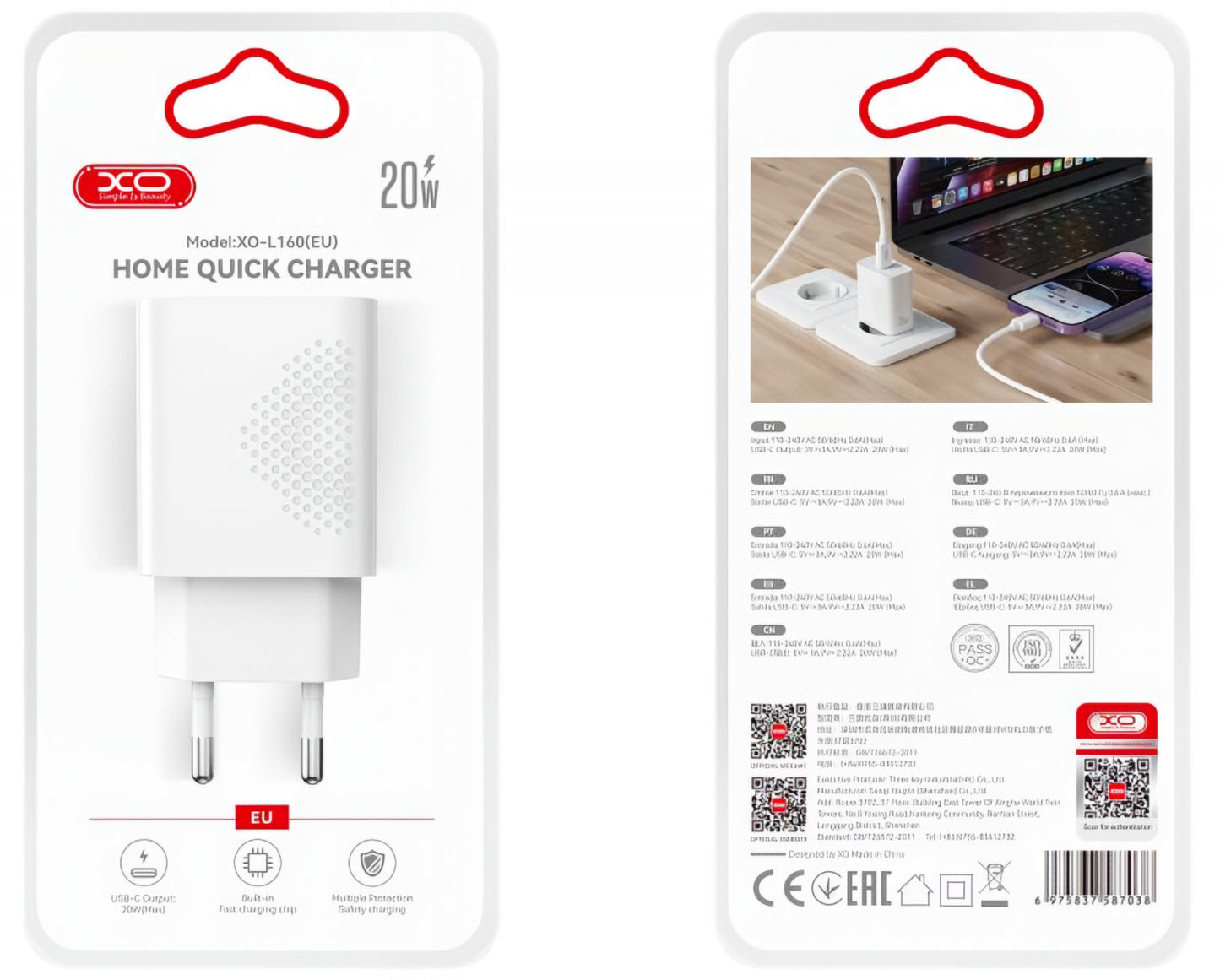 Cargador de Red USB-C XO Design L160, 20W, 3A, 1 x USB-C, Blanco